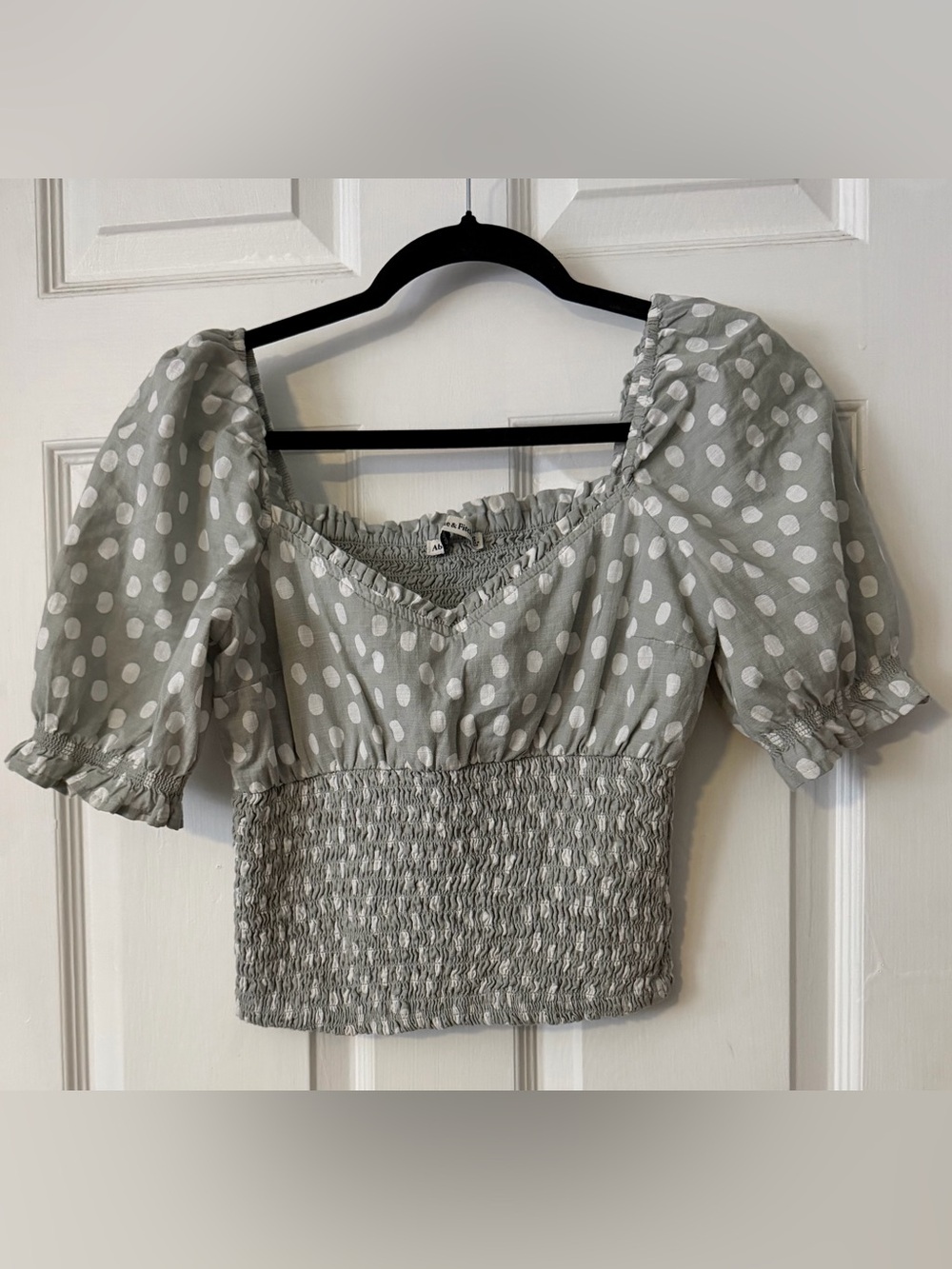 Abercrombie & Fitch Sage Green Polka Dot Smocked Puff Sleeve Crop Top Size Small